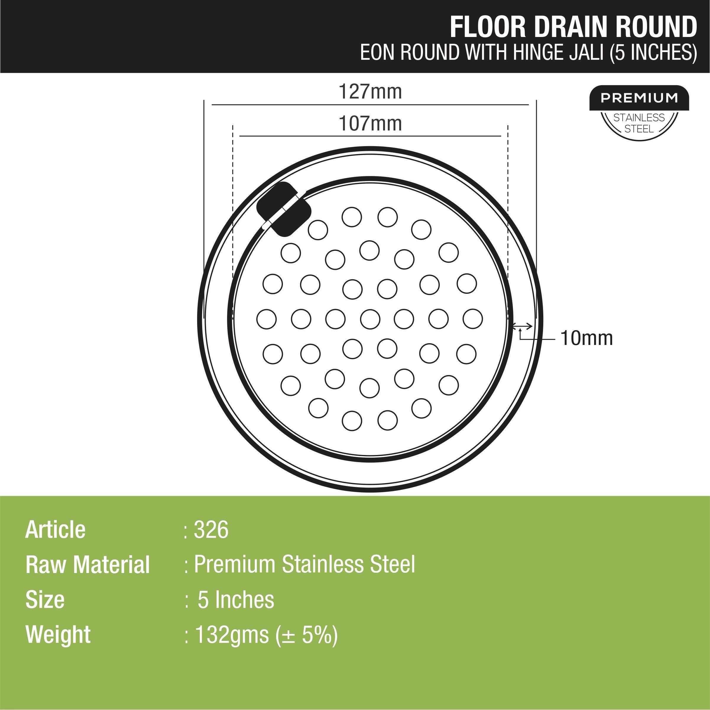 Eon Round Floor Drain with Hinge (5 inches) dimensions and sizes