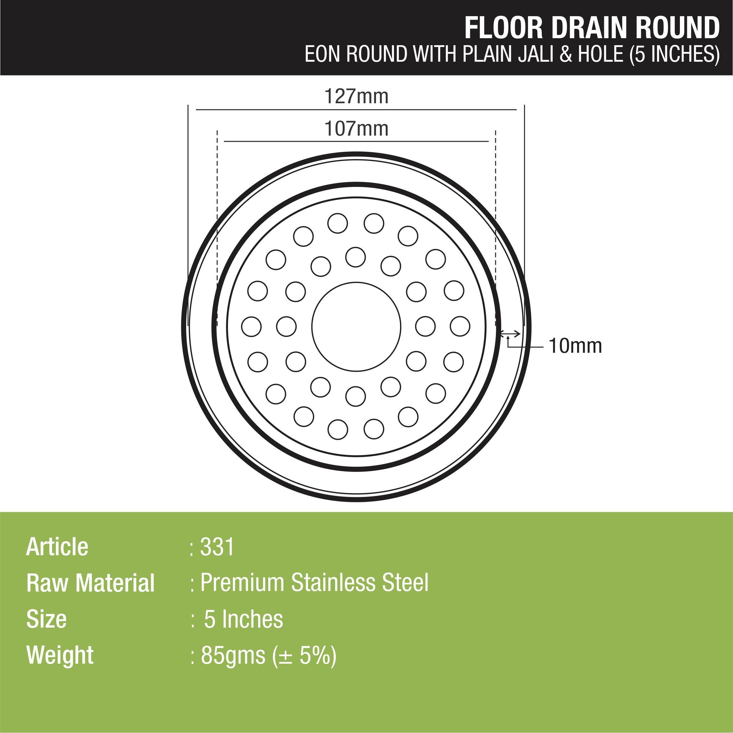 Eon Round Floor Drain with Plain Jali & Hole (5 inches) dimensions and sizes