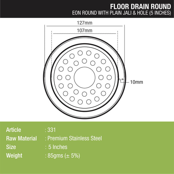 Eon Round Floor Drain with Plain Jali & Hole (5 inches) - LIPKA - Lipka Home