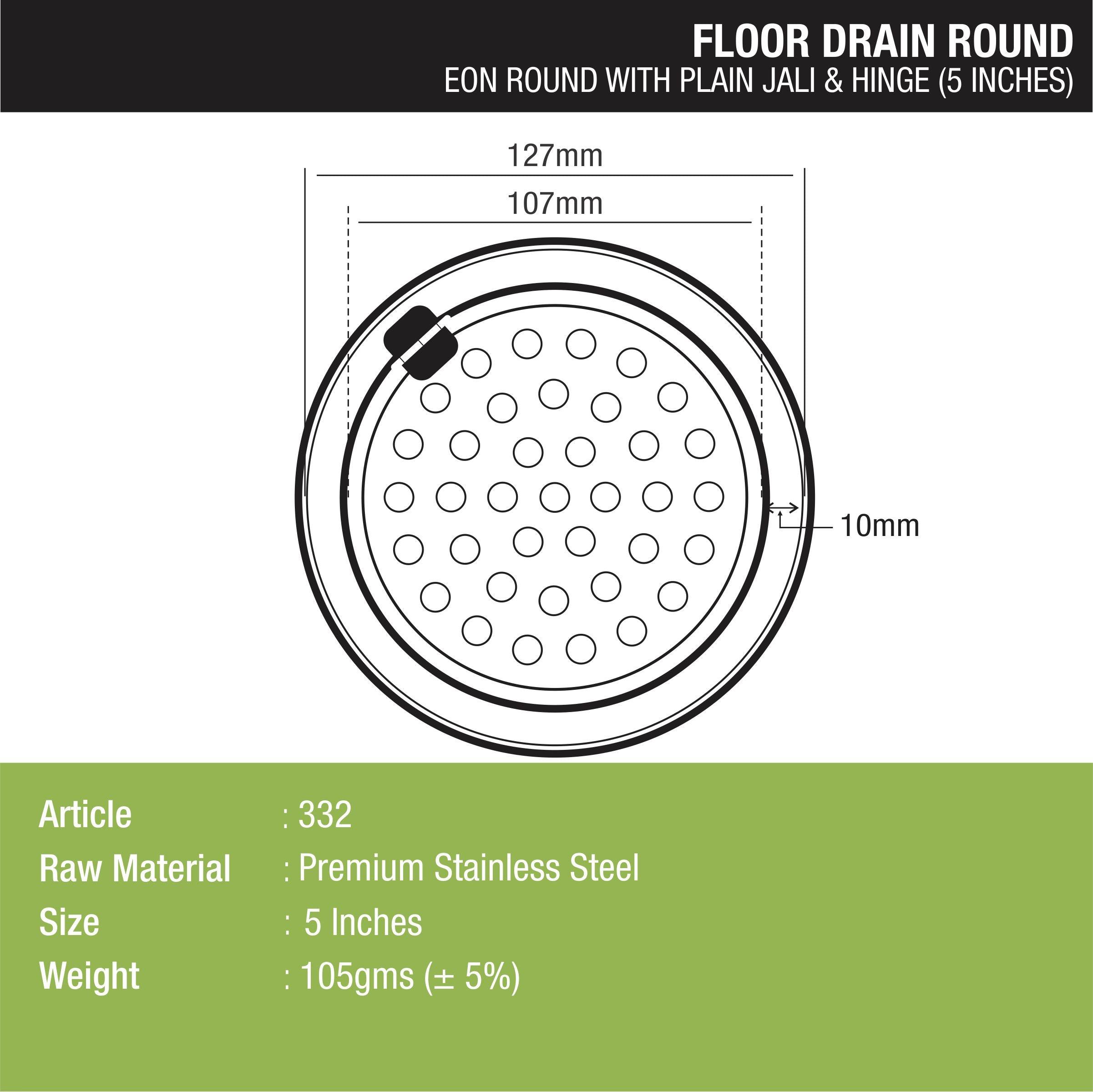 Eon Round Floor Drain with Plain Jali & Hinge (5 inches) dimensions and sizes