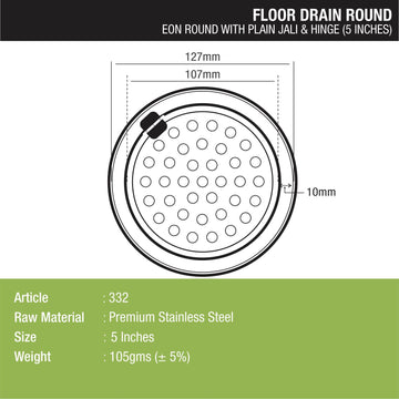 Eon Round Floor Drain with Plain Jali & Hinge (5 inches) - LIPKA - Lipka Home