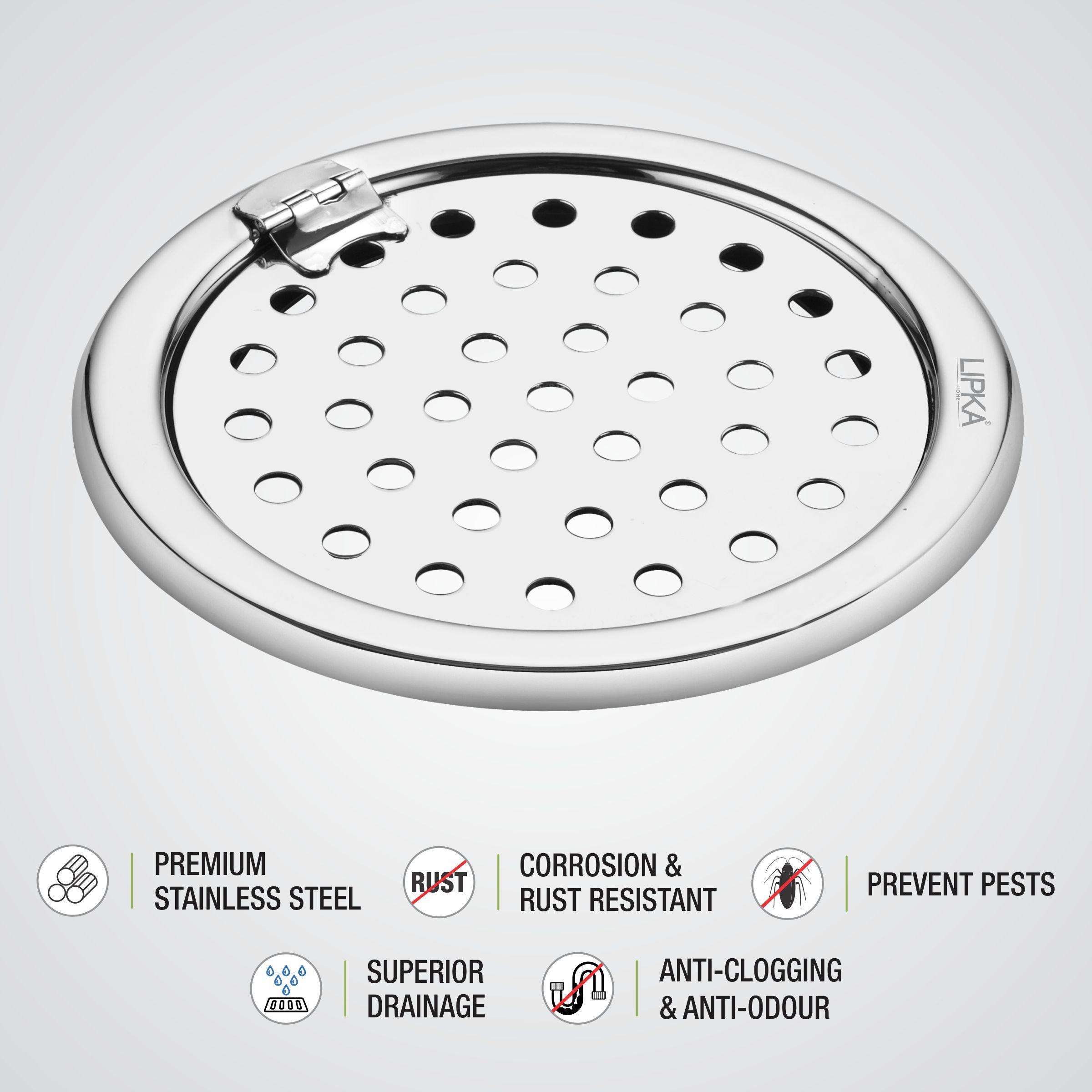 Eon Round Floor Drain with Plain Jali & Hinge (5 inches) features