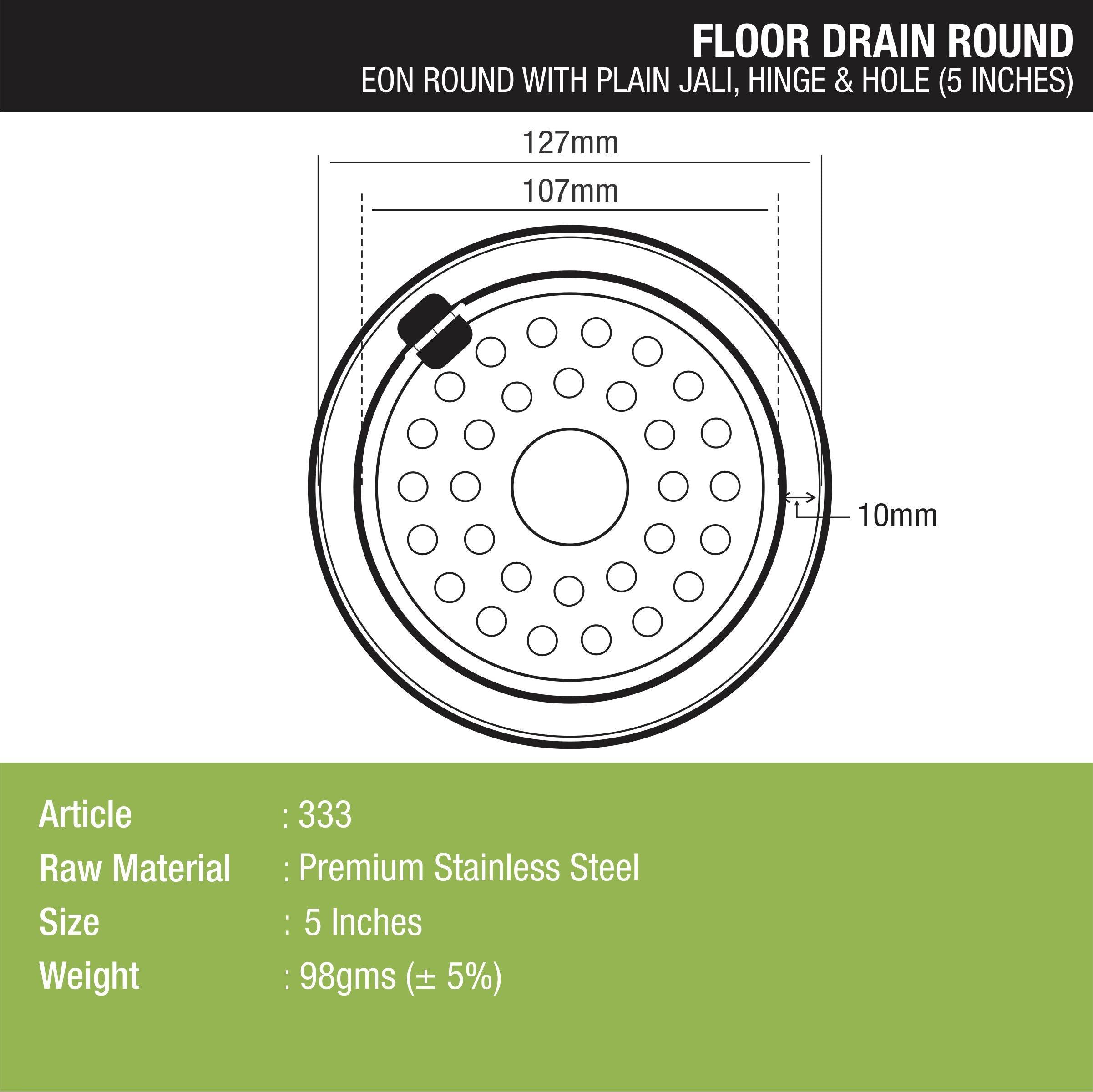 Eon Round Floor Drain with Plain Jali, Hinge & Hole (5 inches) dimensions and sizes