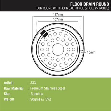 Eon Round Floor Drain with Plain Jali, Hinge & Hole (5 inches) - LIPKA - Lipka Home