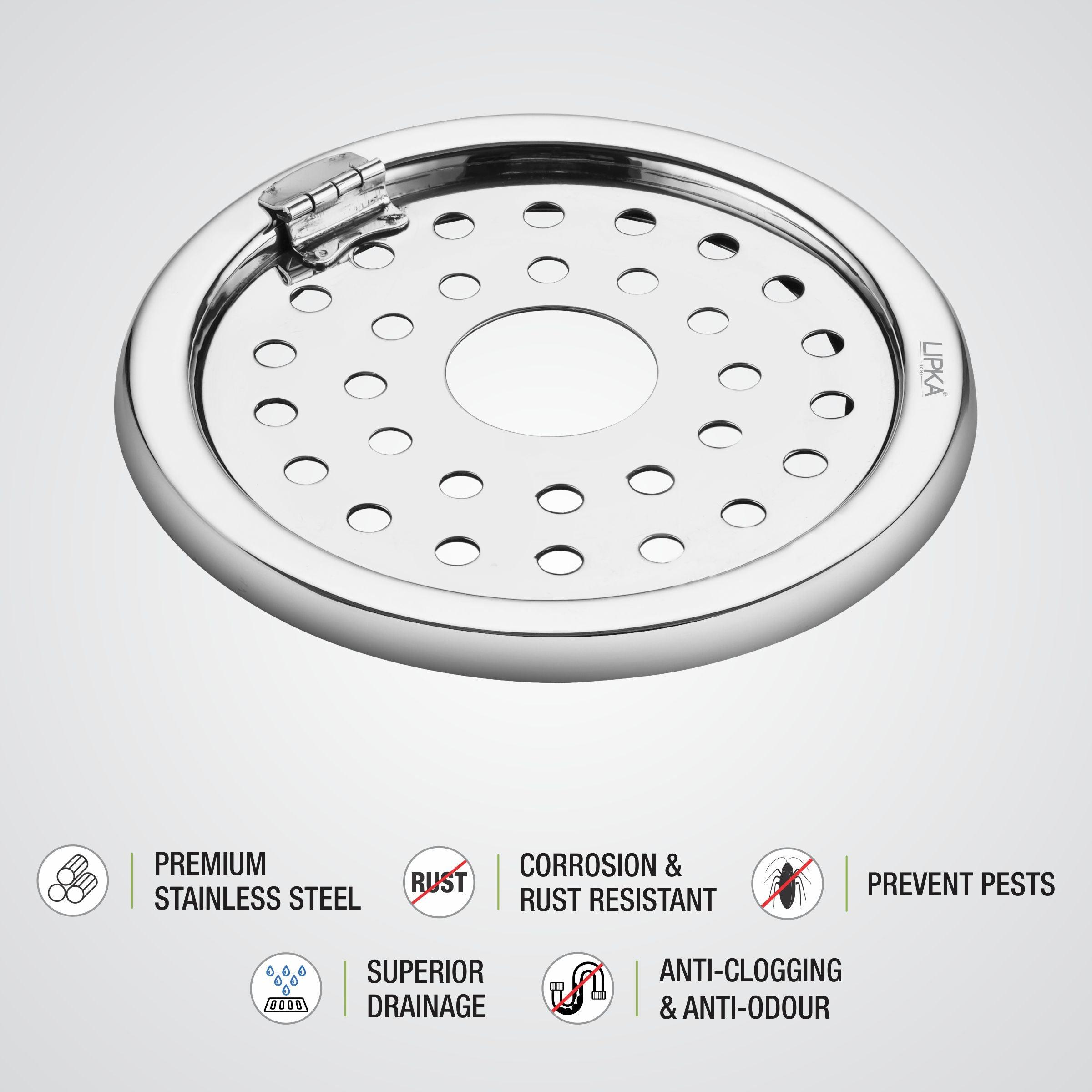 Eon Round Floor Drain with Plain Jali, Hinge & Hole (5 inches) features