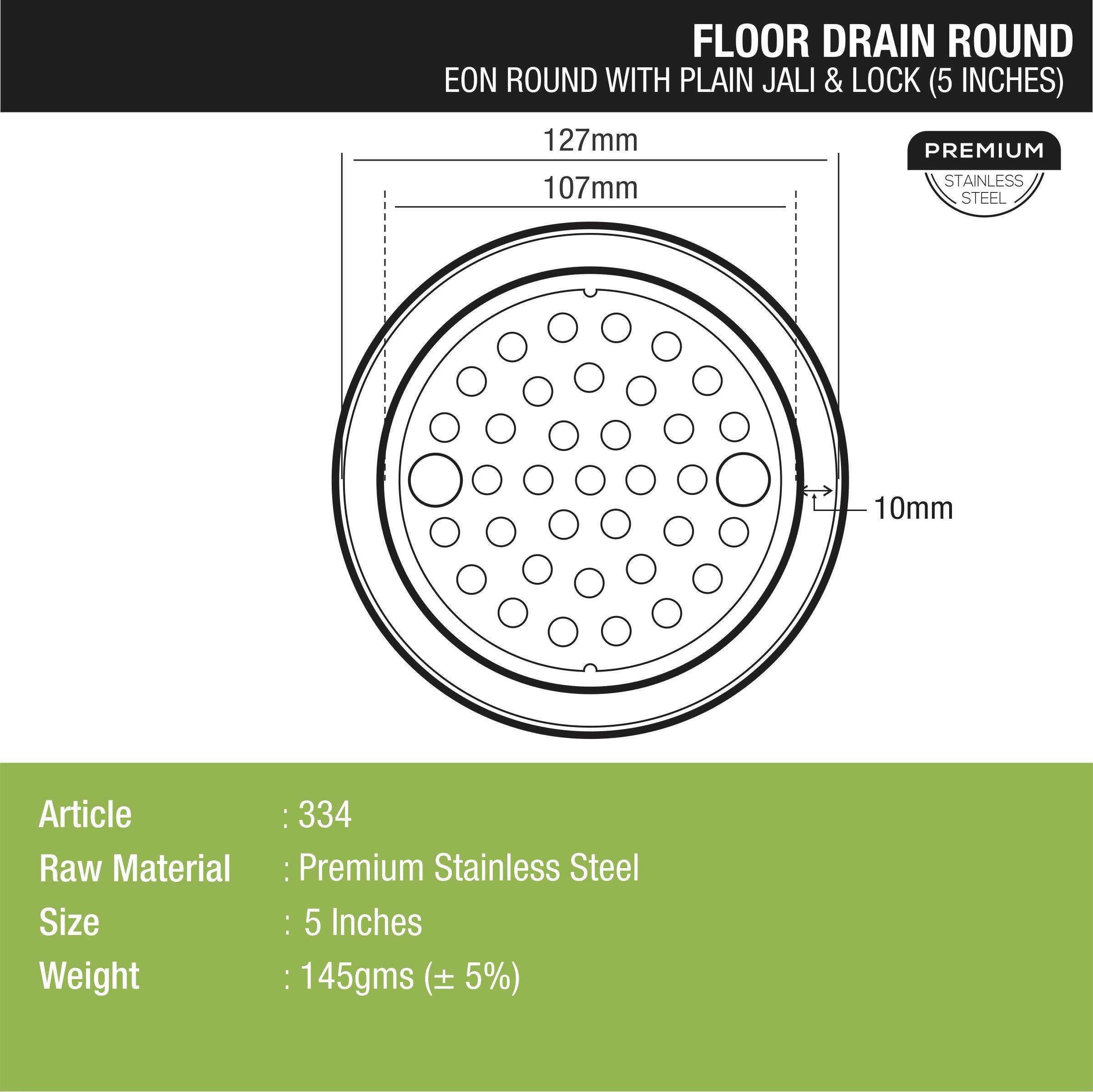 Eon Round Floor Drain with Plain Jali & Lock (5 inches) dimensions and sizes