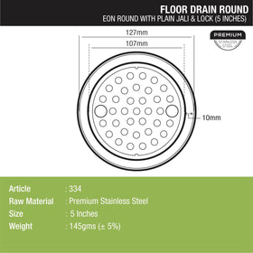 Eon Round Floor Drain with Plain Jali & Lock (5 inches) - LIPKA - Lipka Home