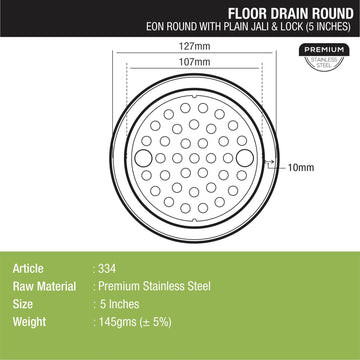 Eon Round Floor Drain with Plain Jali & Lock (5 inches) - LIPKA - Lipka Home