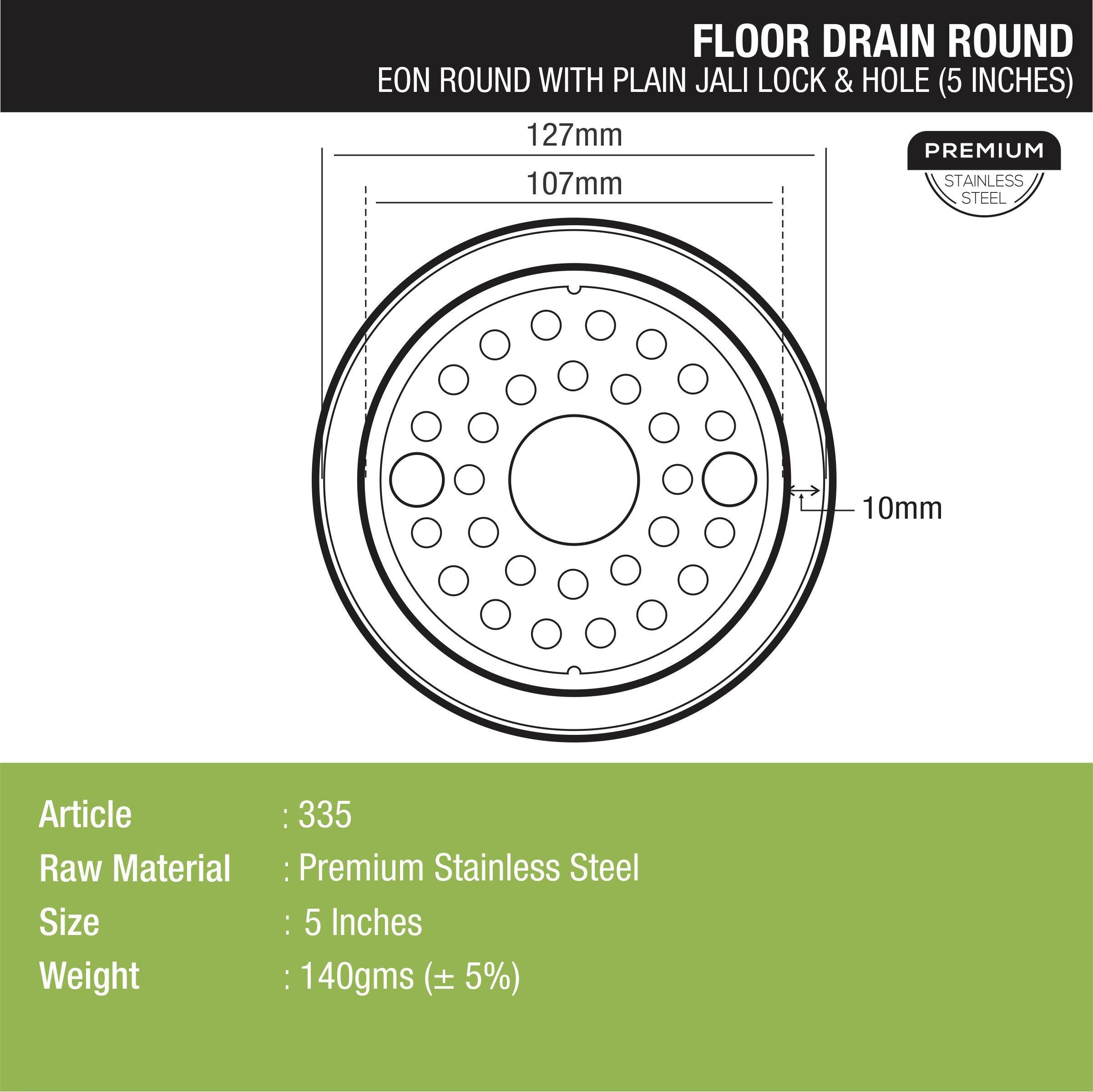 Eon Round Floor Drain with Plain Jali, Lock & Hole (5 inches) dimensions and sizes