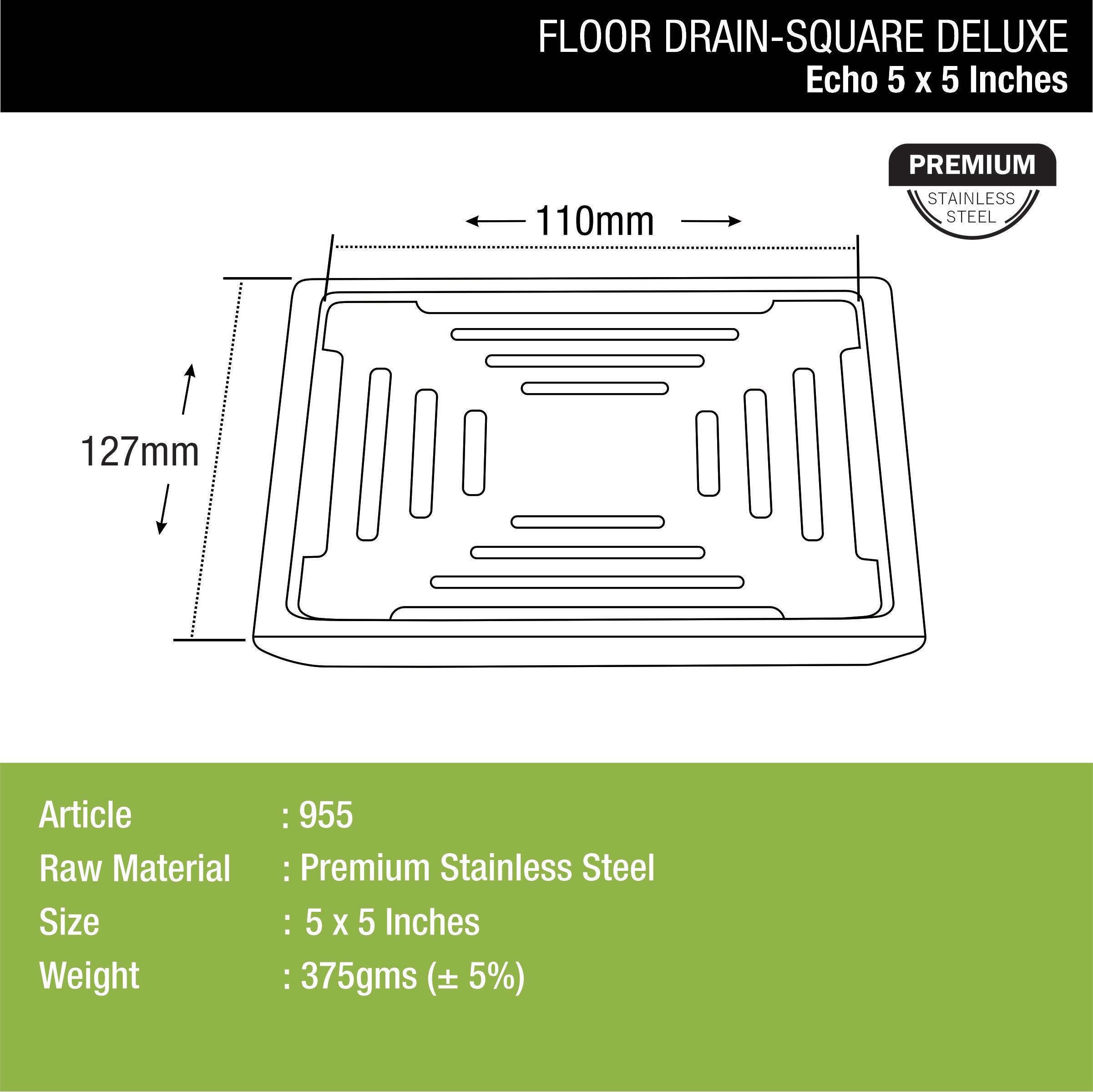 Echo Deluxe Square Floor Drain (5 X 5 Inches) dimensions and sizes