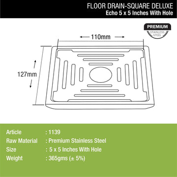 Echo Deluxe Square Floor Drain (5 x 5 Inches) with Hole - LIPKA - Lipka Home