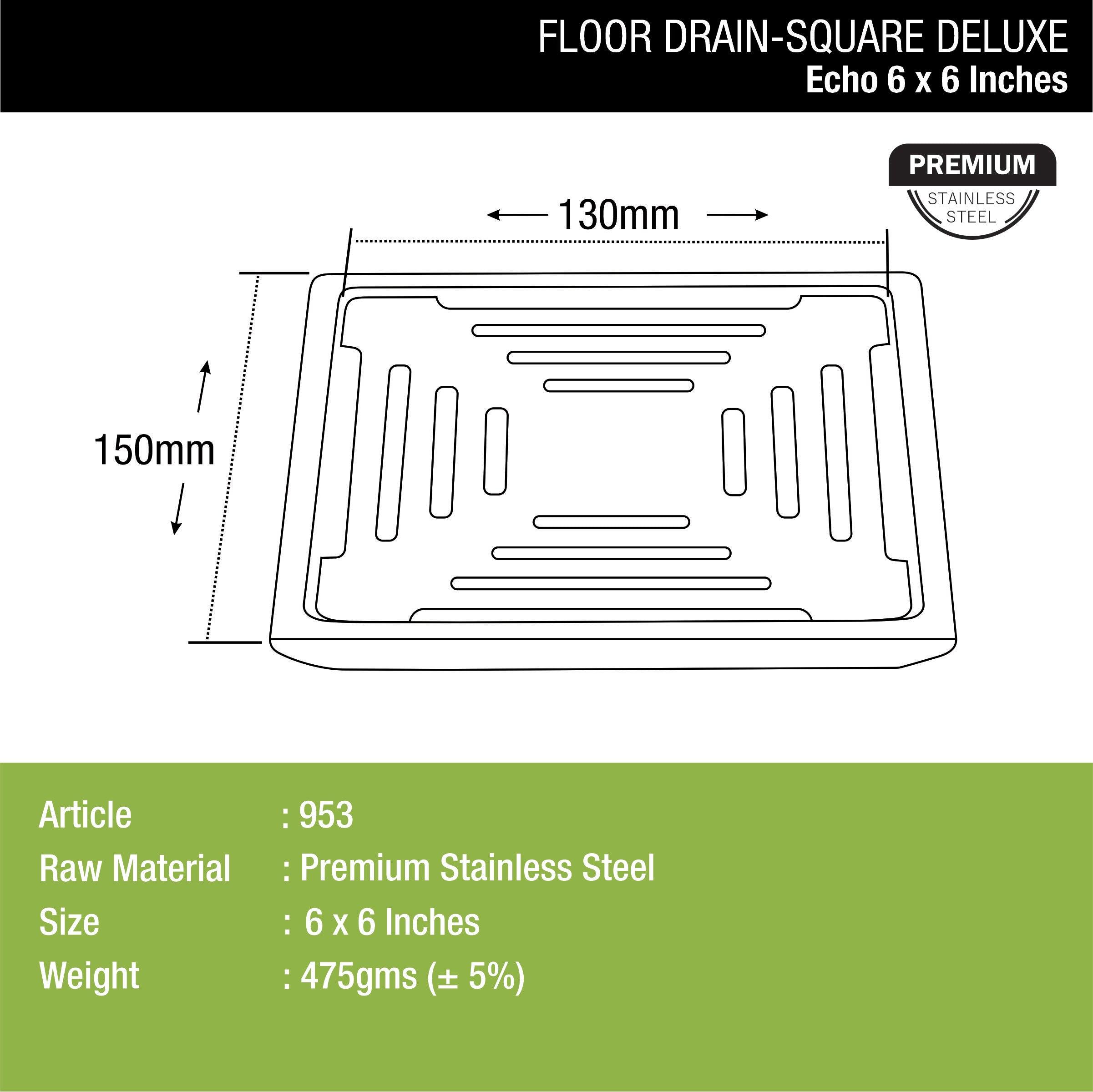 Echo Deluxe Square Floor Drain (6 x 6 Inches) dimensions and sizes