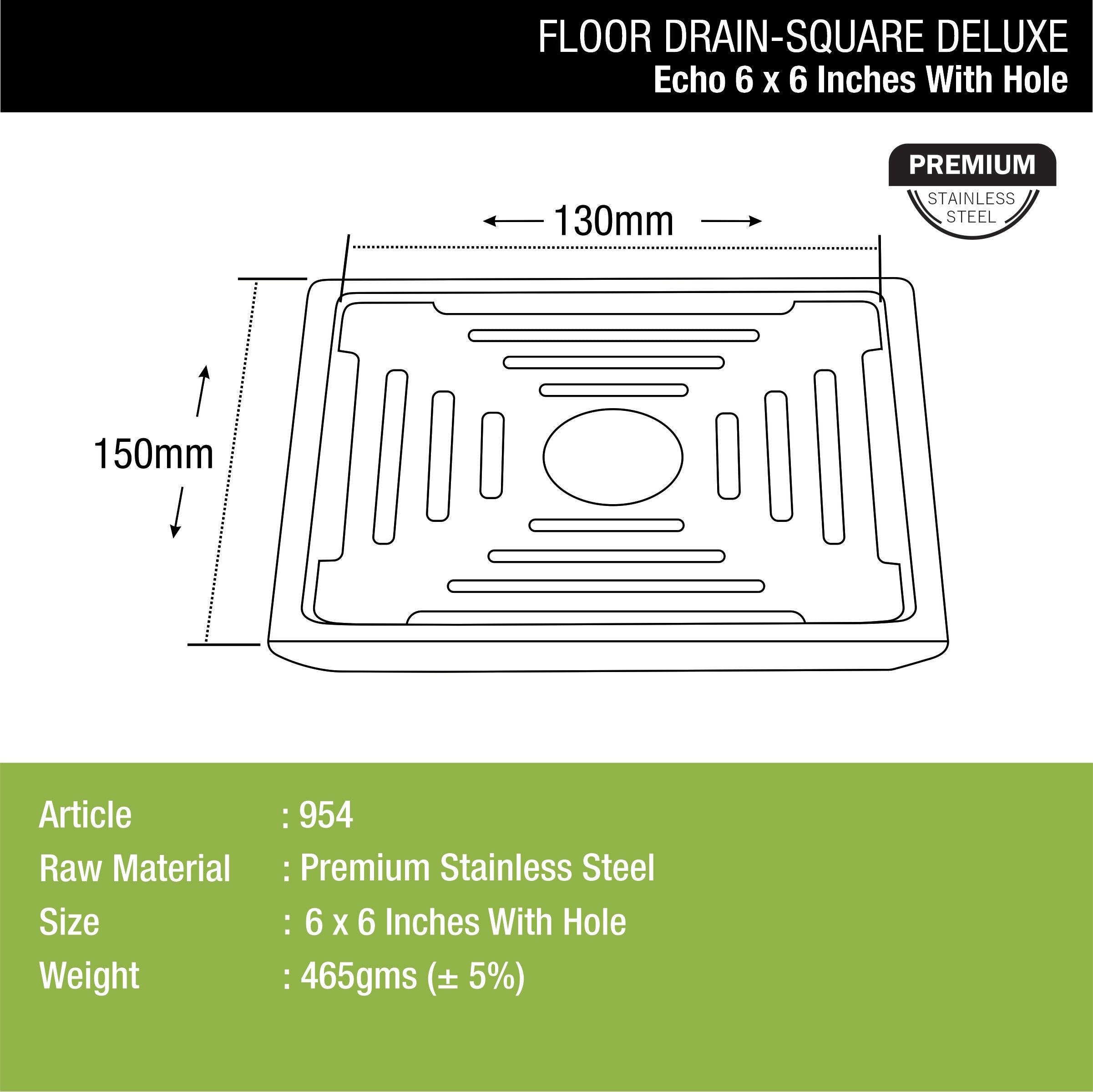 Echo Deluxe Square Floor Drain (6 x 6 Inches) with Hole dimensions and sizes