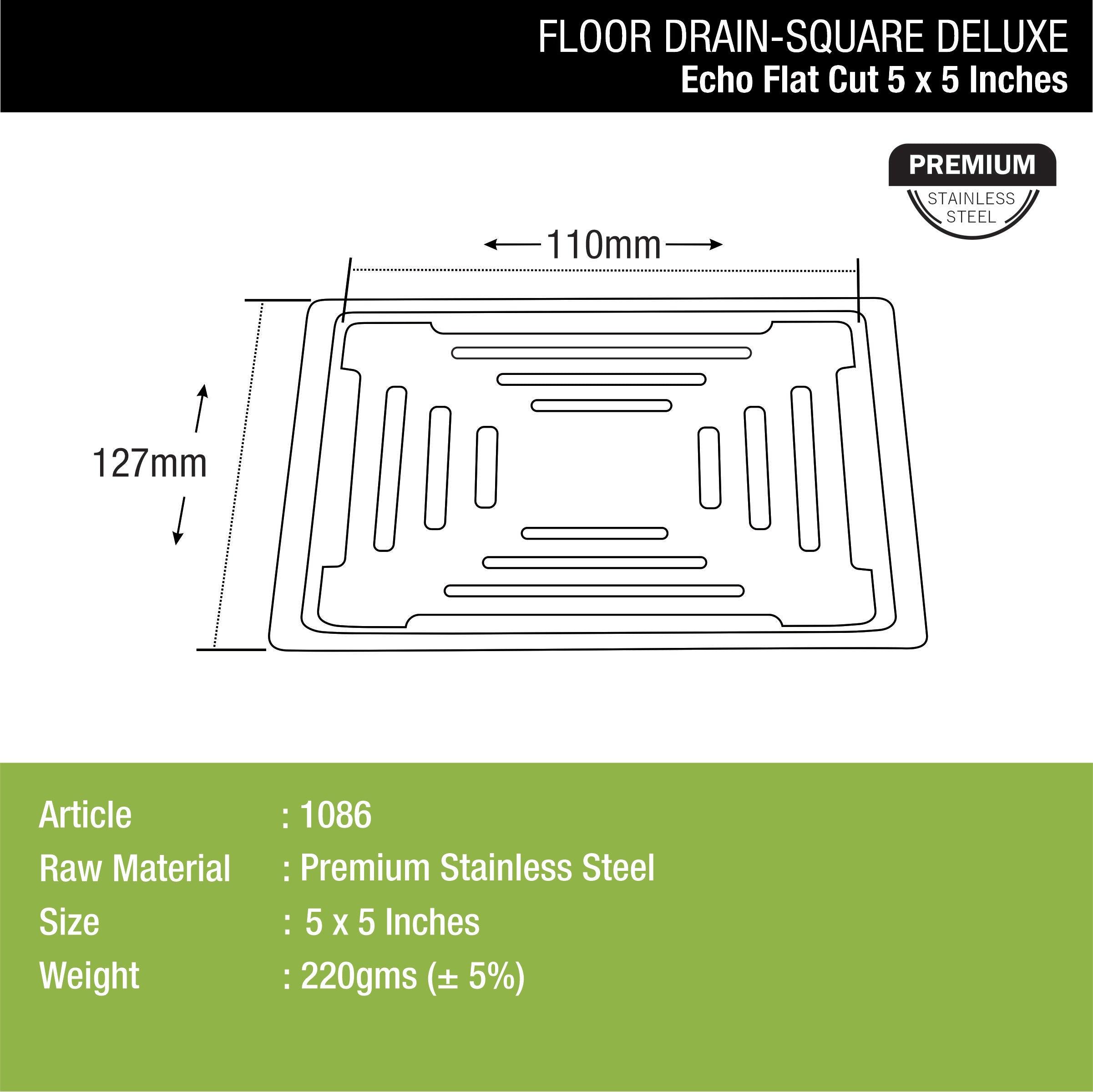 Echo Deluxe Square Flat Cut Floor Drain (5 x 5 Inches) dimensions and sizes