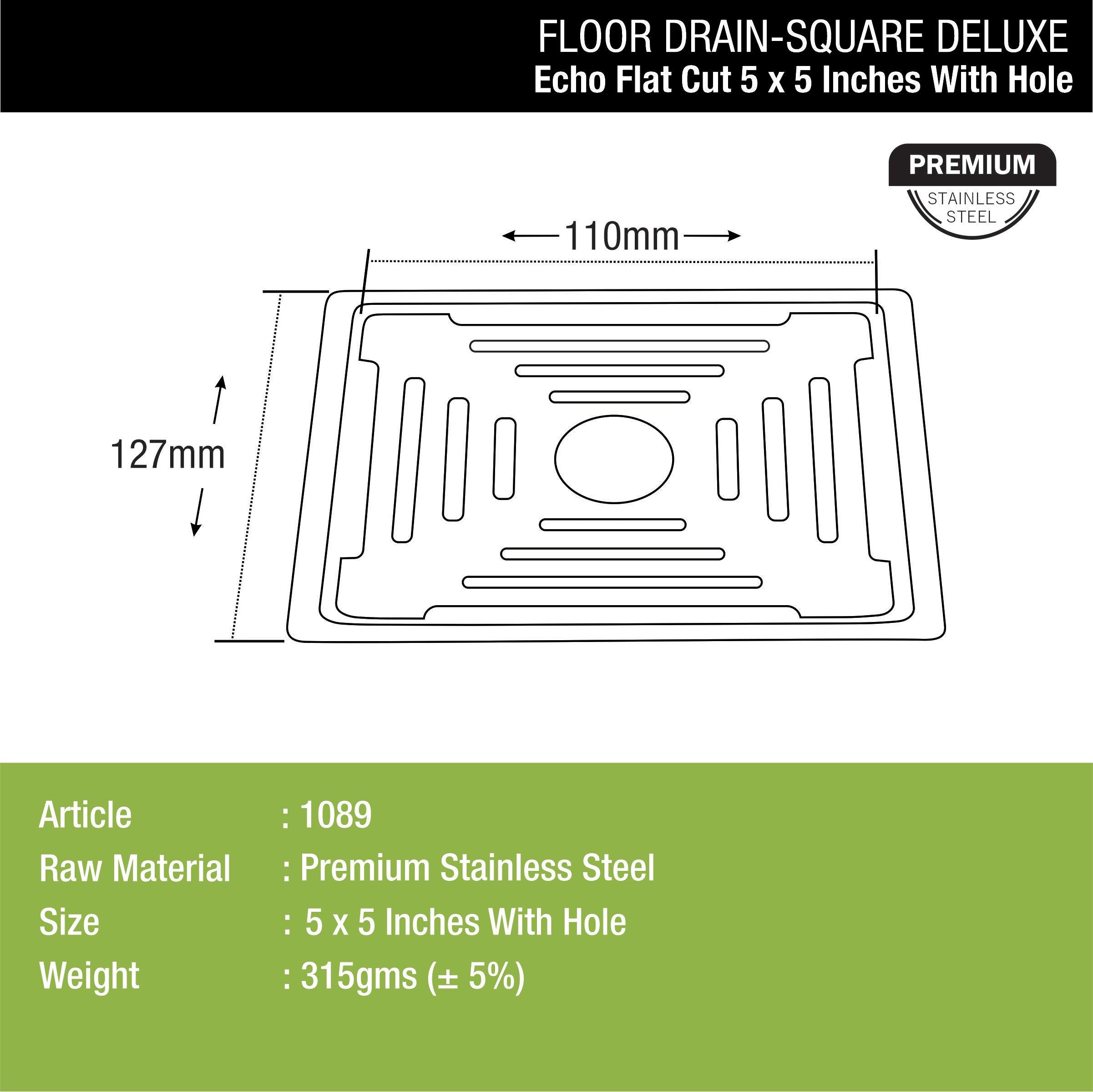 Echo Square Deluxe Flat Cut Floor Drain (5 x 5 Inches) with Hole dimensions and sizes