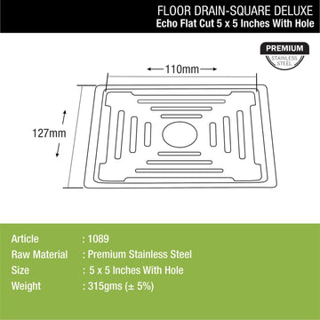 Echo Square Deluxe Flat Cut Floor Drain (5 x 5 Inches) with Hole- LIPKA - Lipka Home