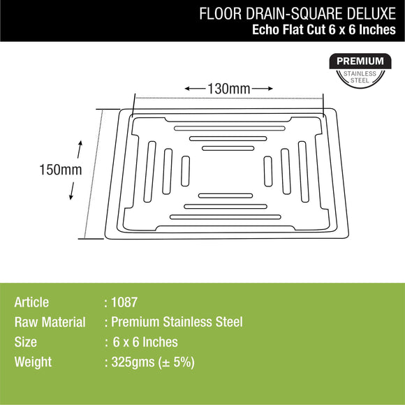 Echo Deluxe Square Flat Cut Floor Drain (6 x 6 Inches) - LIPKA - Lipka Home