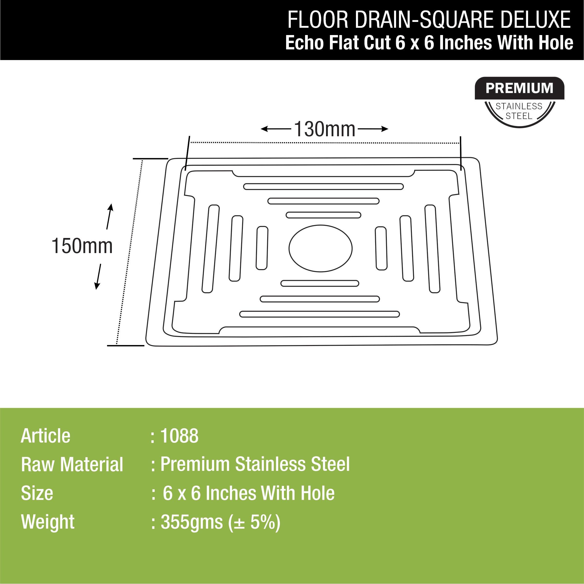 Echo Square Deluxe Flat Cut Floor Drain (6 x 6 Inches) with Hole dimensions and sizes