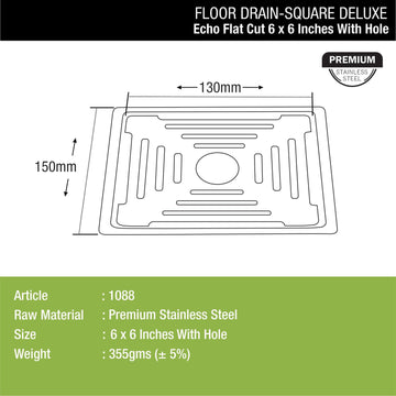 Echo Square Deluxe Flat Cut Floor Drain (6 x 6 Inches) with Hole- LIPKA - Lipka Home