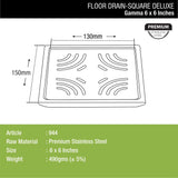 Gamma Deluxe Square Floor Drain (6 x 6 Inches) dimensions and sizes