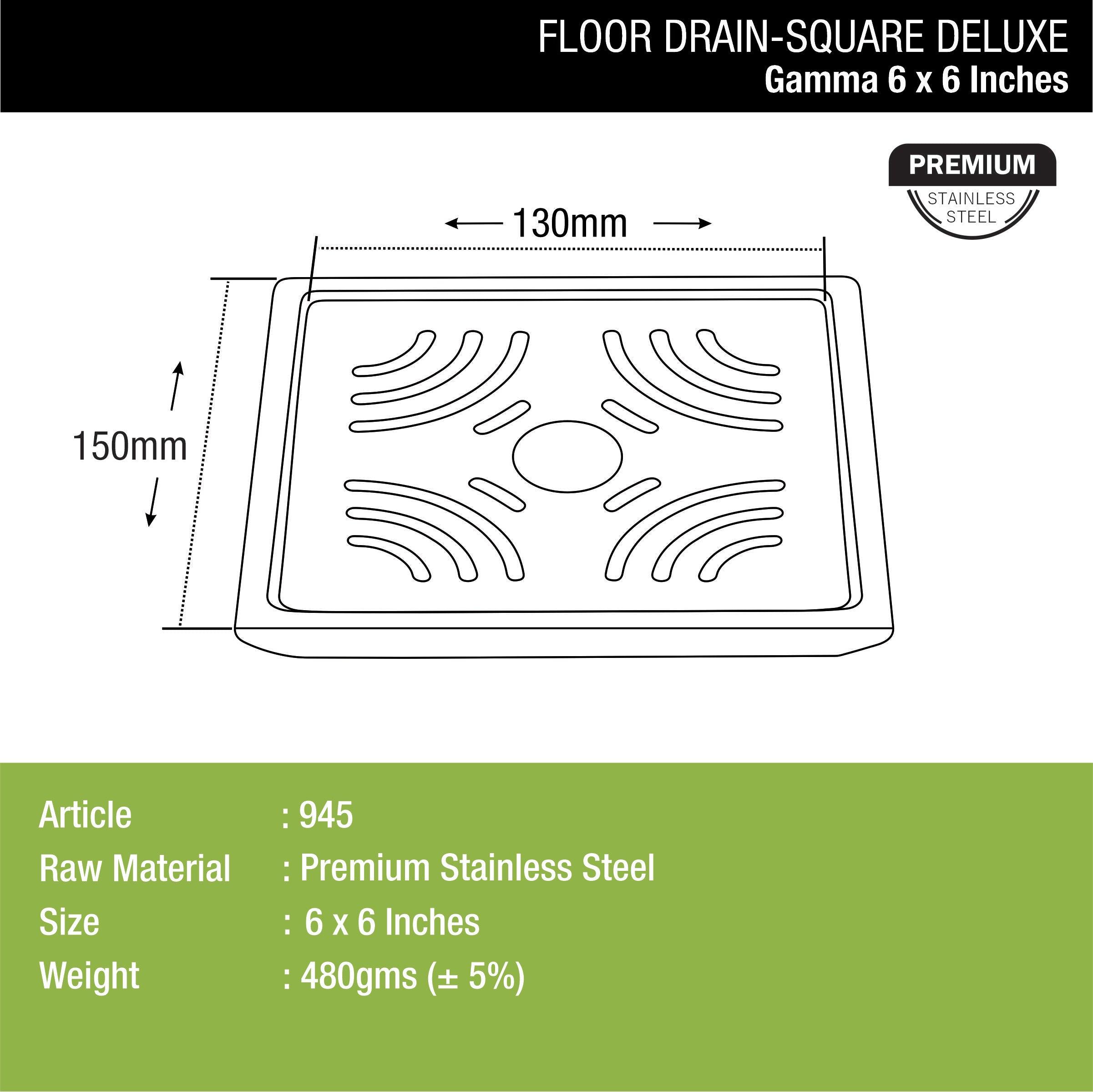 Gamma Deluxe Square Floor Drain (6 x 6 Inches) with Hole dimensions and sizes