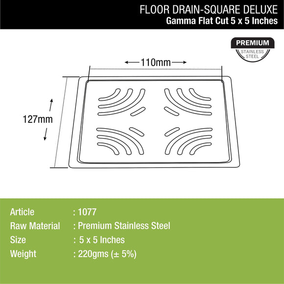 Gamma Deluxe Square Flat Cut Floor Drain (5 x 5 Inches) - LIPKA - Lipka Home