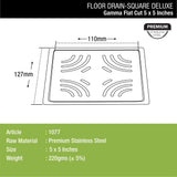 Gamma Deluxe Square Flat Cut Floor Drain (5 x 5 Inches) dimensions and sizes