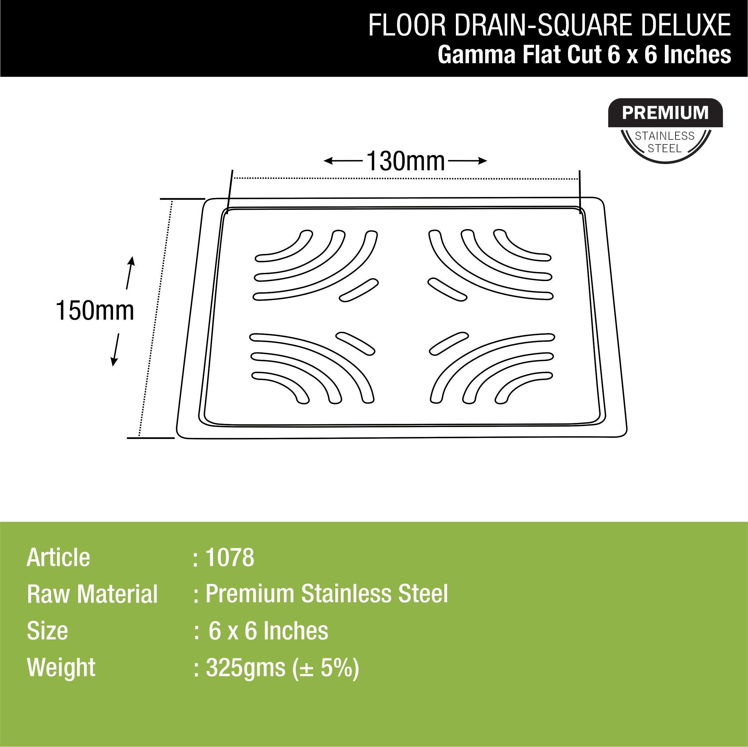 Gamma Deluxe Square Flat Cut Floor Drain (6 x 6 Inches) dimensions and sizes
