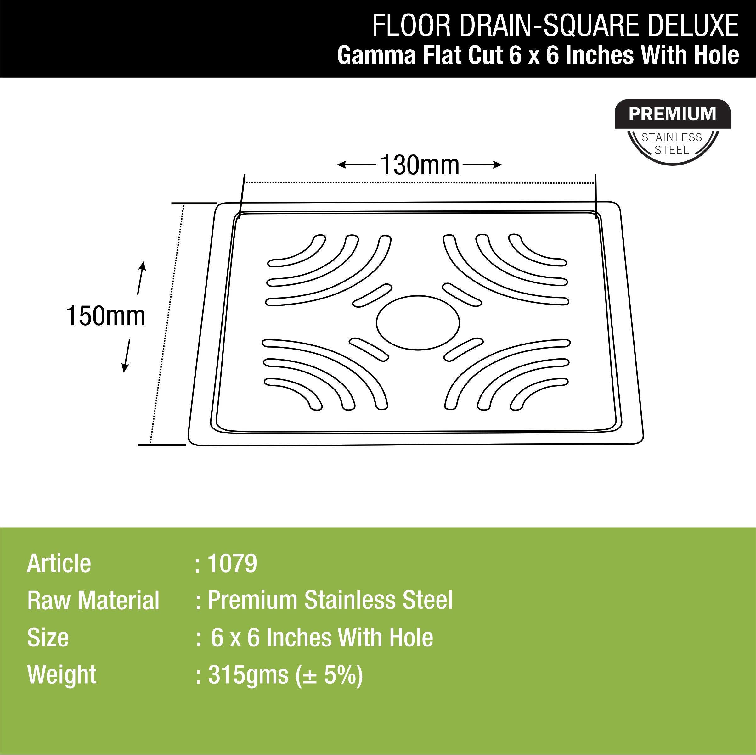 Gamma Deluxe Square Flat Cut Floor Drain (6 x 6 Inches) with Hole dimensions and sizes