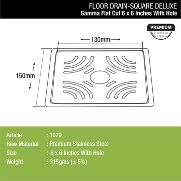 Gamma Deluxe Square Flat Cut Floor Drain (6 x 6 Inches) with Hole - LIPKA - Lipka Home