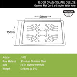 Gamma Deluxe Square Flat Cut Floor Drain (6 x 6 Inches) with Hole dimensions and sizes