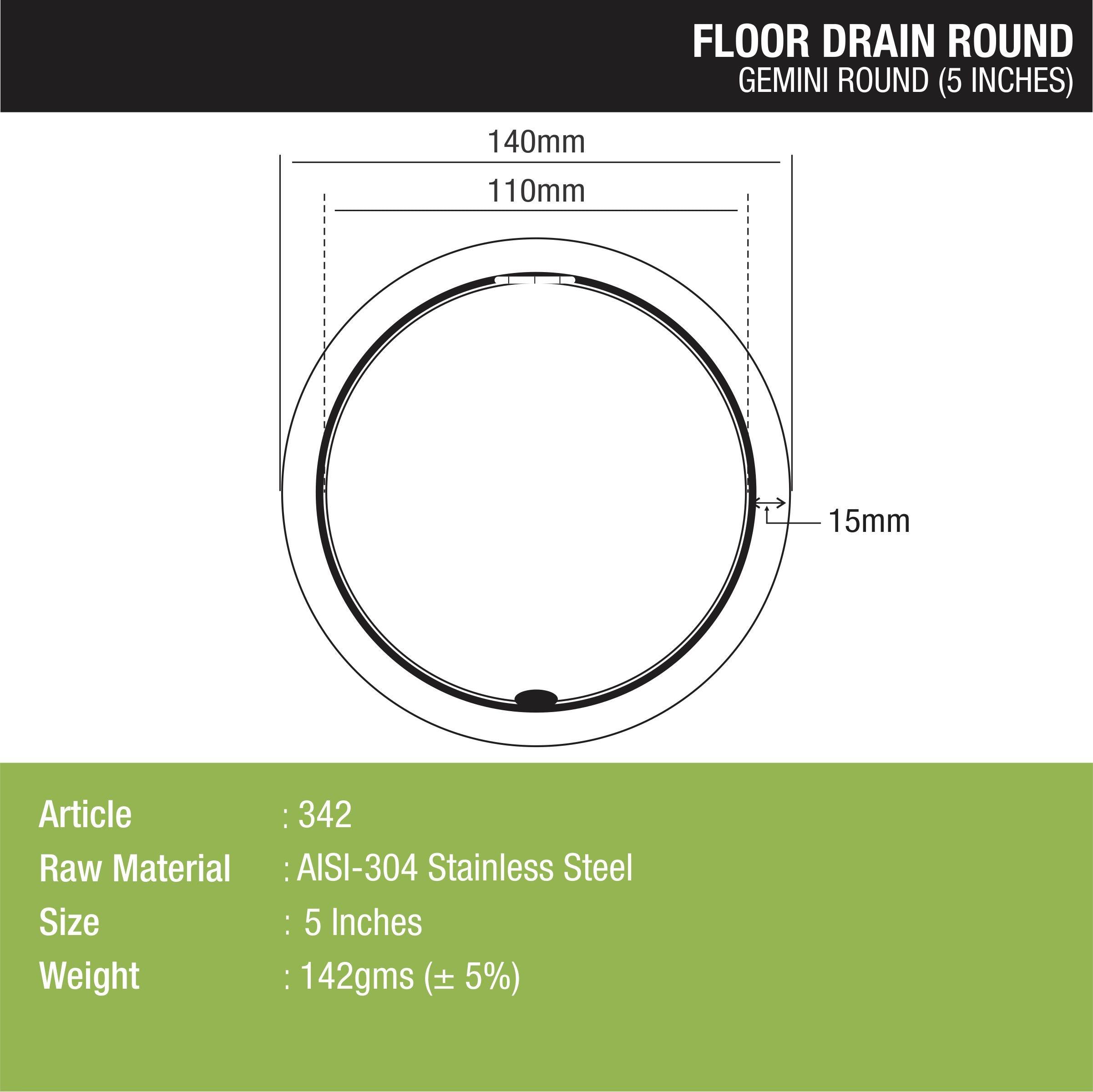 Gemini Round Floor Drain with Jali (5 inches) dimensions and sizes