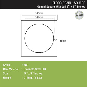 Gemini Square Floor Drain with Jali (5.5 x 5.5 Inches) - LIPKA - Lipka Home