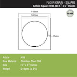 Gemini Square Floor Drain with Jali (5.5 x 5.5 Inches) dimensions and sizes