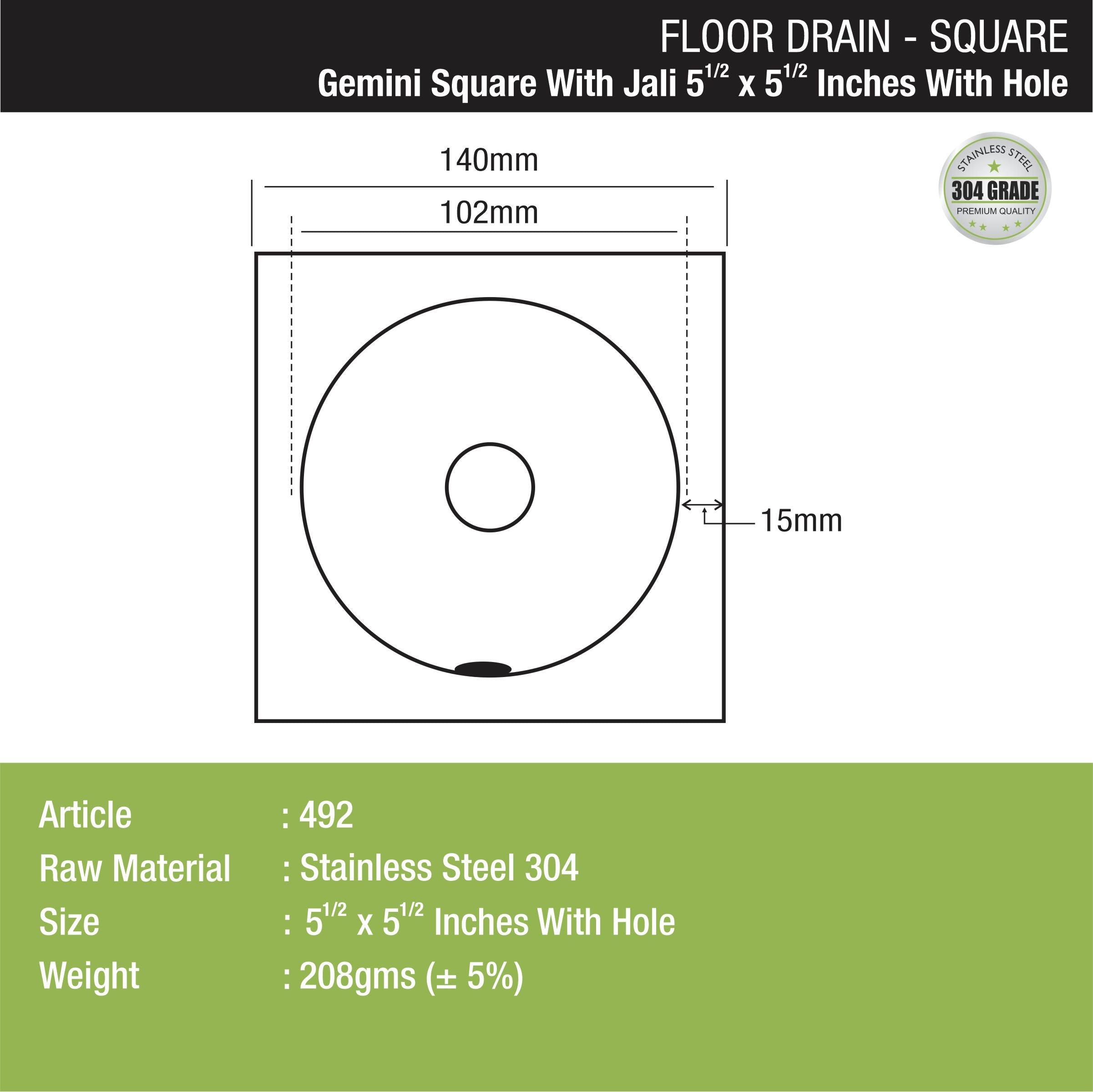 Gemini Square Floor Drain with Jali and Hole (5.5 x 5.5 Inches) with Hole dimensions and sizes