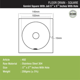 Gemini Square Floor Drain with Jali and Hole (5.5 x 5.5 Inches) with Hole - LIPKA - Lipka Home