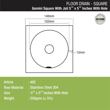 Gemini Square Floor Drain with Jali and Hole (5.5 x 5.5 Inches) with Hole - LIPKA - Lipka Home