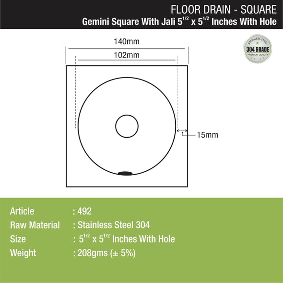 Gemini Square Floor Drain with Jali and Hole (5.5 x 5.5 Inches) with Hole - LIPKA - Lipka Home