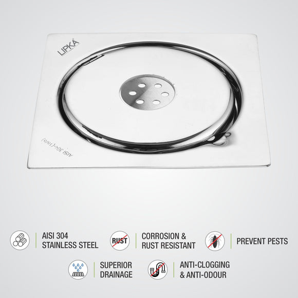 Gemini Square Floor Drain with Jali and Hole (5.5 x 5.5 Inches) with Hole - LIPKA - Lipka Home