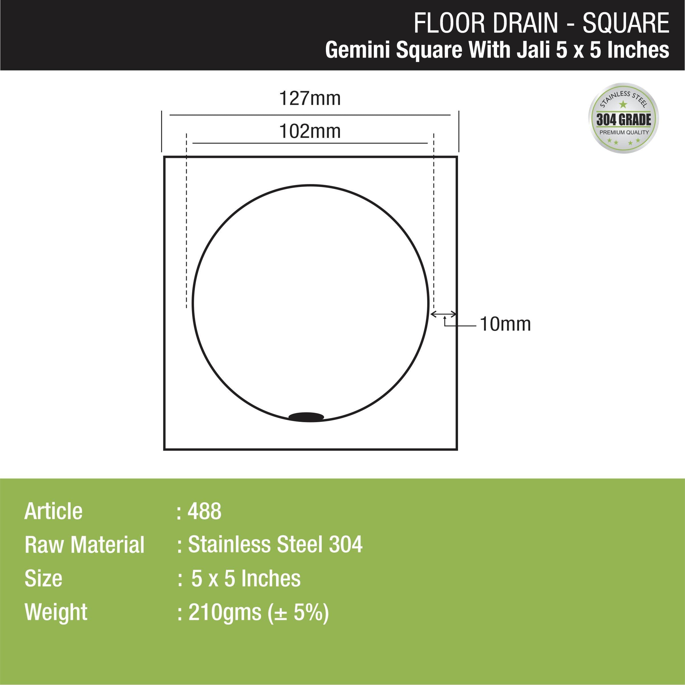 Gemini Square Floor Drain with Jali (5 x 5 Inches) dimensions and sizes