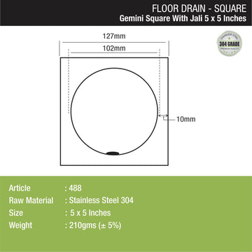 Gemini Square Floor Drain with Jali (5 x 5 Inches) - LIPKA - Lipka Home