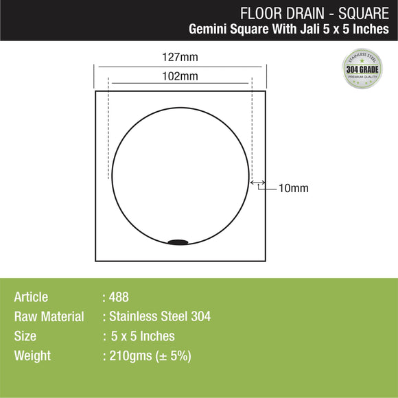 Gemini Square Floor Drain with Jali (5 x 5 Inches) - LIPKA - Lipka Home