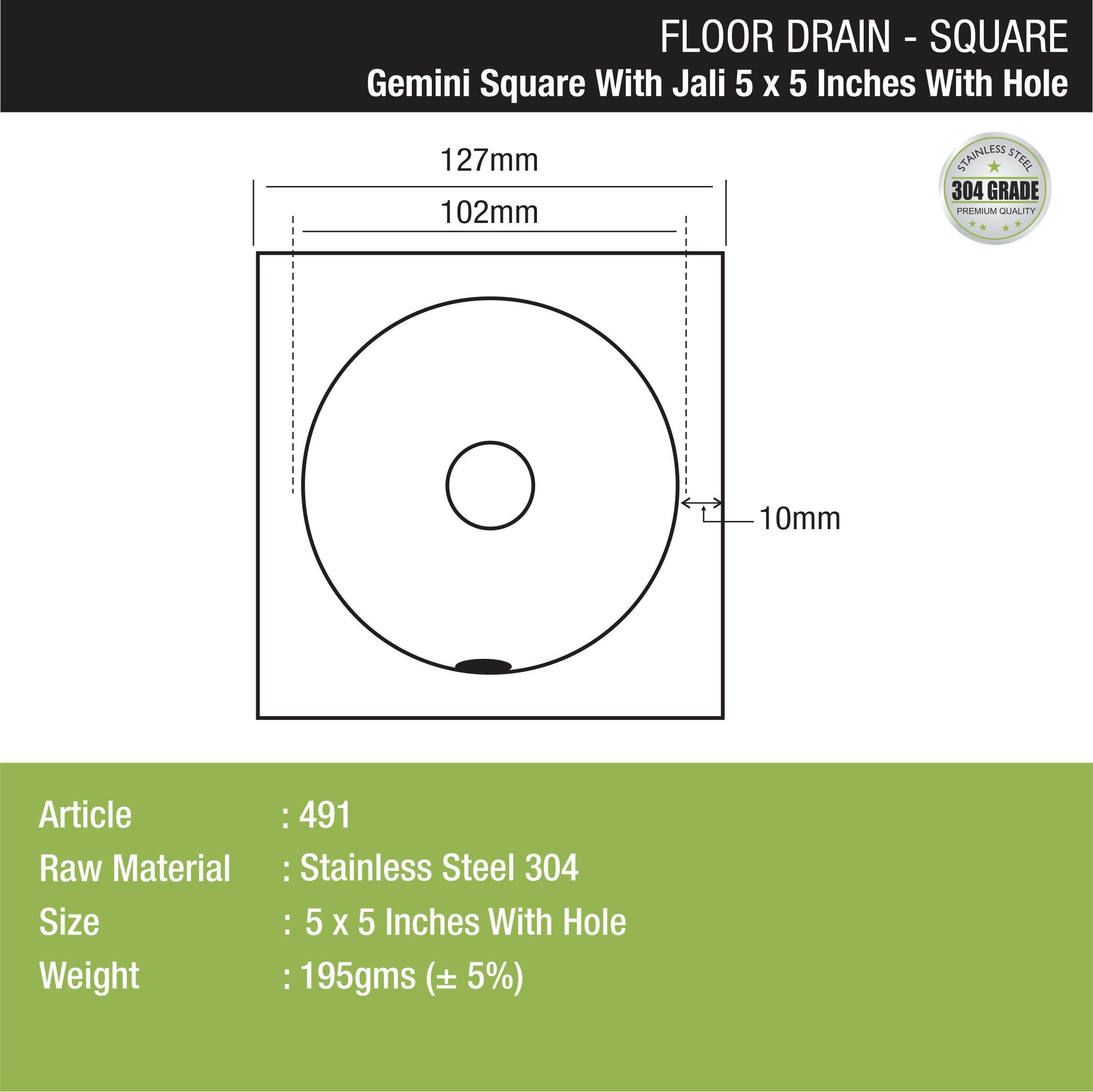 Gemini Square Floor Drain with Jali and Hole (5 x 5 Inches) with Hole dimensions and sizes