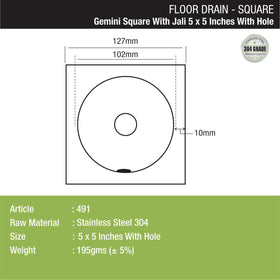 Gemini Square Floor Drain with Jali and Hole (5 x 5 Inches) with Hole - LIPKA - Lipka Home