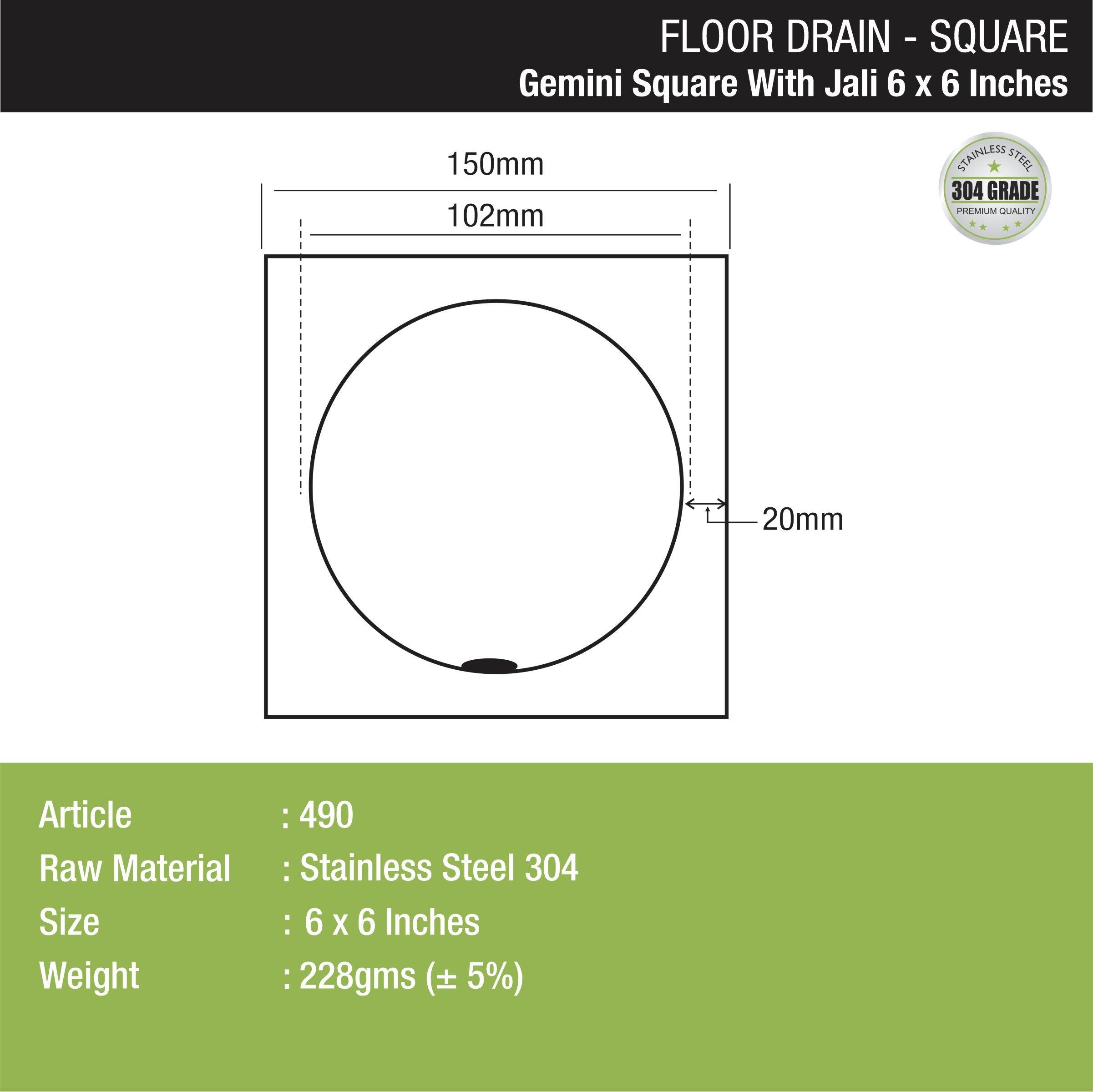 Gemini Square Floor Drain with Jali (6 x 6 Inches) dimensions and sizes