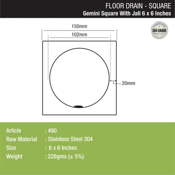 Gemini Square Floor Drain with Jali (6 x 6 Inches) - LIPKA - Lipka Home