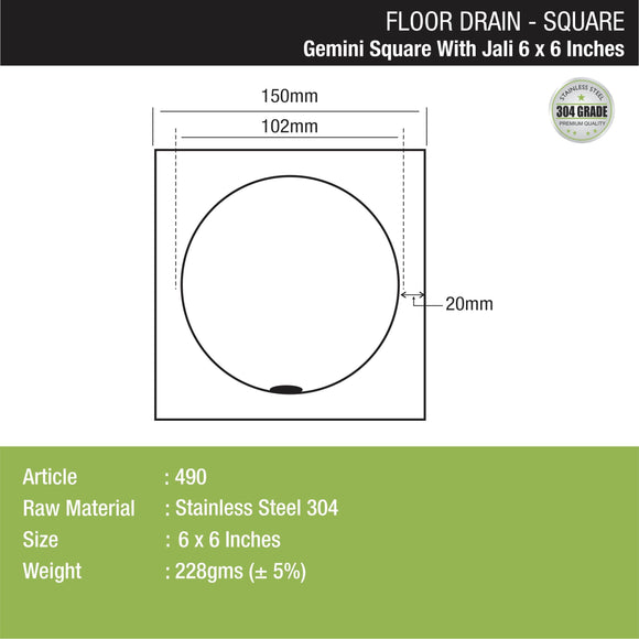 Gemini Square Floor Drain with Jali (6 x 6 Inches) - LIPKA - Lipka Home