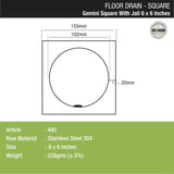 Gemini Square Floor Drain with Jali (6 x 6 Inches) dimensions and sizes