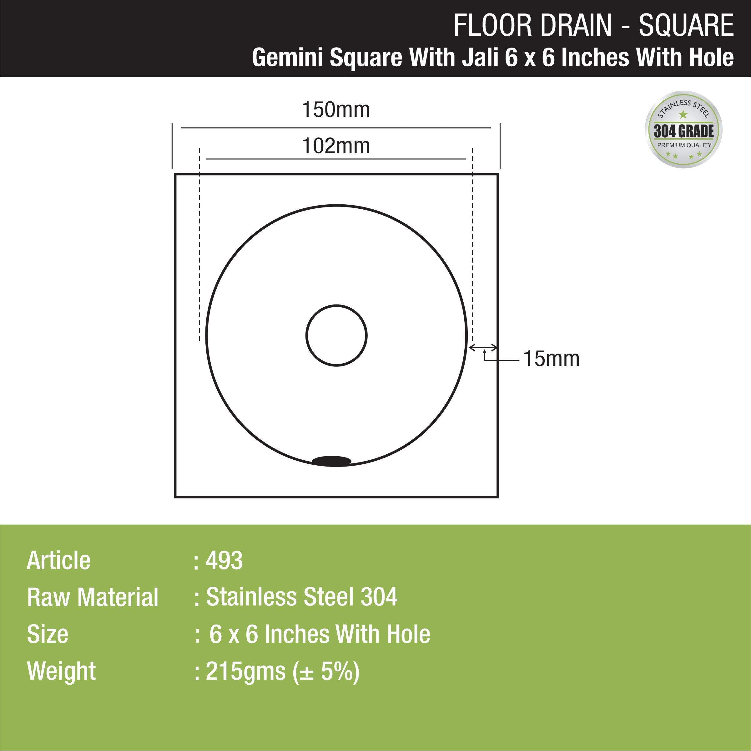 Gemini Square Floor Drain with Jali and Hole (6 x 6 Inches) with Hole dimensions and sizes