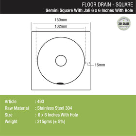 Gemini Square Floor Drain with Jali and Hole (6 x 6 Inches) with Hole - LIPKA - Lipka Home